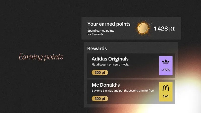 Screenshot showing a gamification interface for earning points and redeeming rewards from various brands.