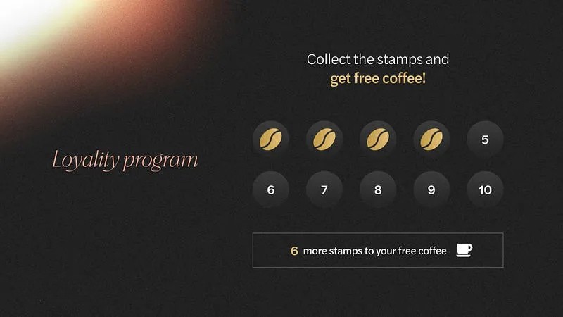 Digital loyalty program card with a gamification concept, featuring coffee cup stamps that track customer visits and reward them with a free coffee after collecting ten stamps.