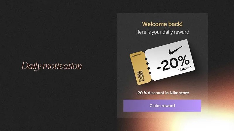 Gamification reward pop-up within an app, offering a daily user incentive of a 20% discount at a retail store, designed to boost retention and daily app interaction.